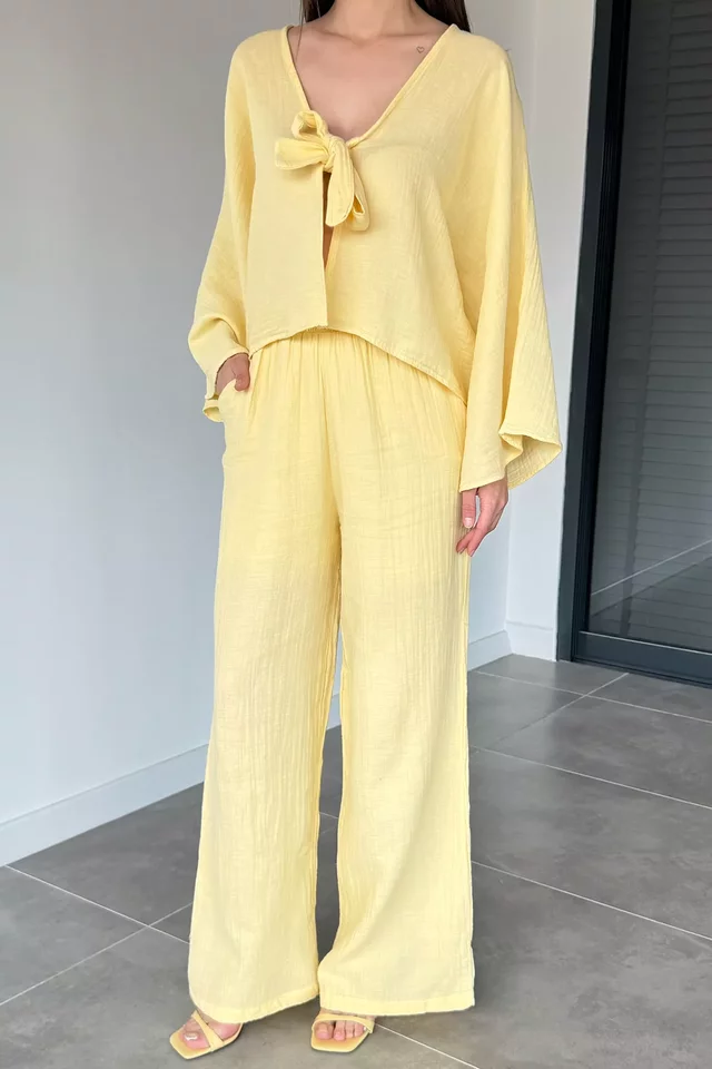 Kadın Ön Bağlamalı Kısa Kimono Bel Lastikli Pantolon İkili Takım - 2