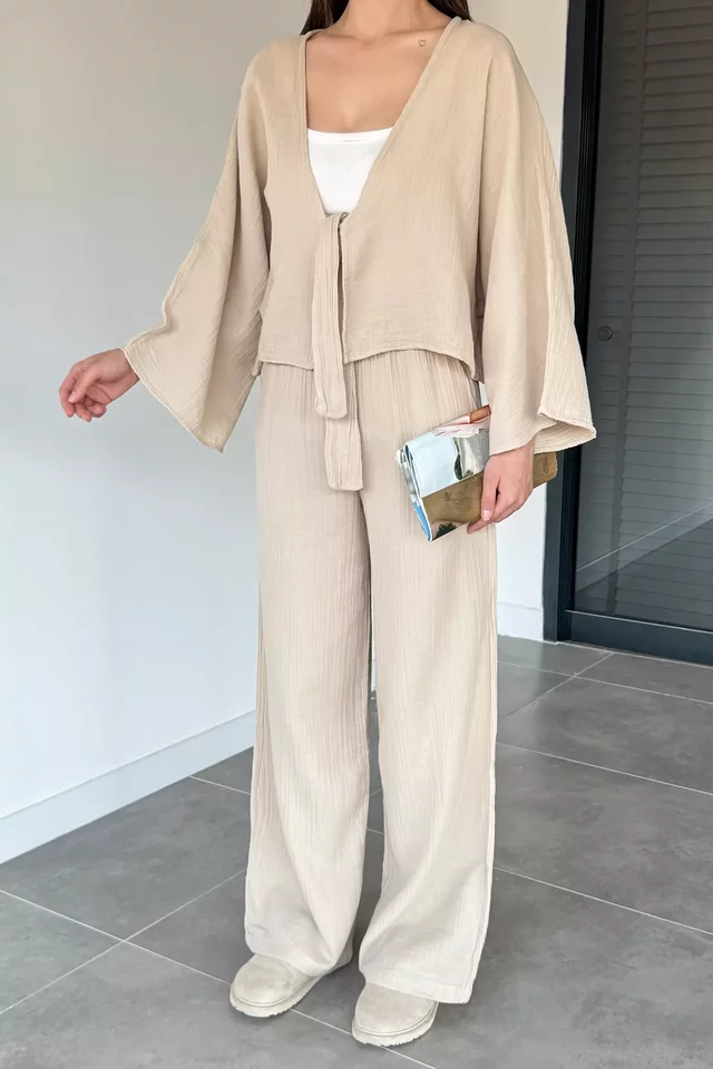 Kadın Ön Bağlamalı Kısa Kimono Bel Lastikli Pantolon İkili Takım - 2