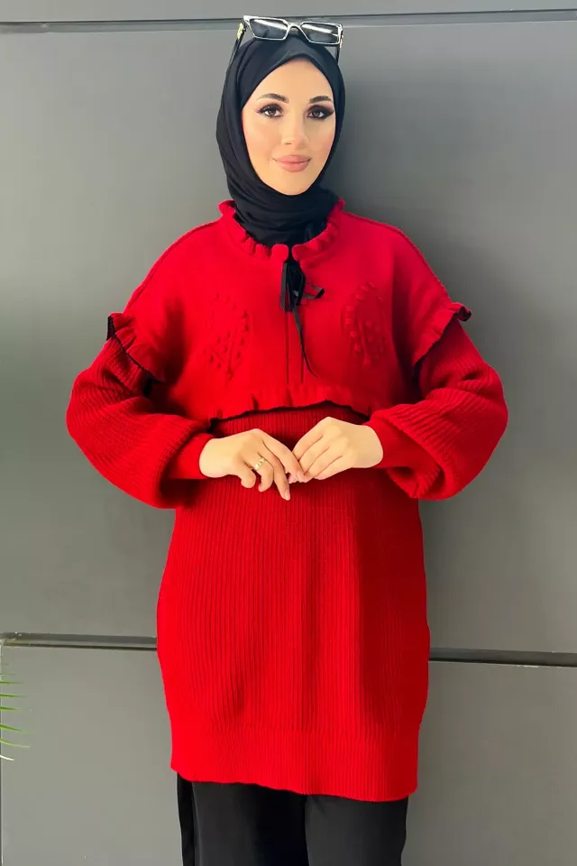 Kadın Ön Bağlamalı Tesettür Triko Tunik Kırmızı