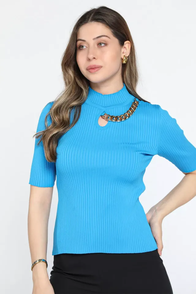 Kadın Ön Dekolteli Zincir Detaylı Likralı Bluz Mavi