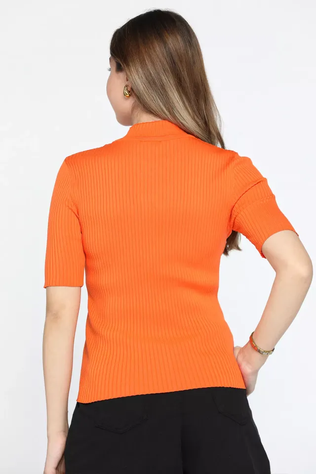 Kadın Ön Dekolteli Zincir Detaylı Likralı Bluz Orange
