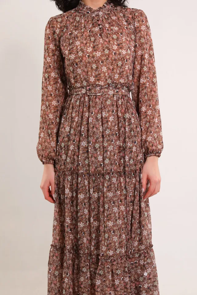 Kadın Ön Düğme Detaylı Desenli Kemerli Elbise Vizon