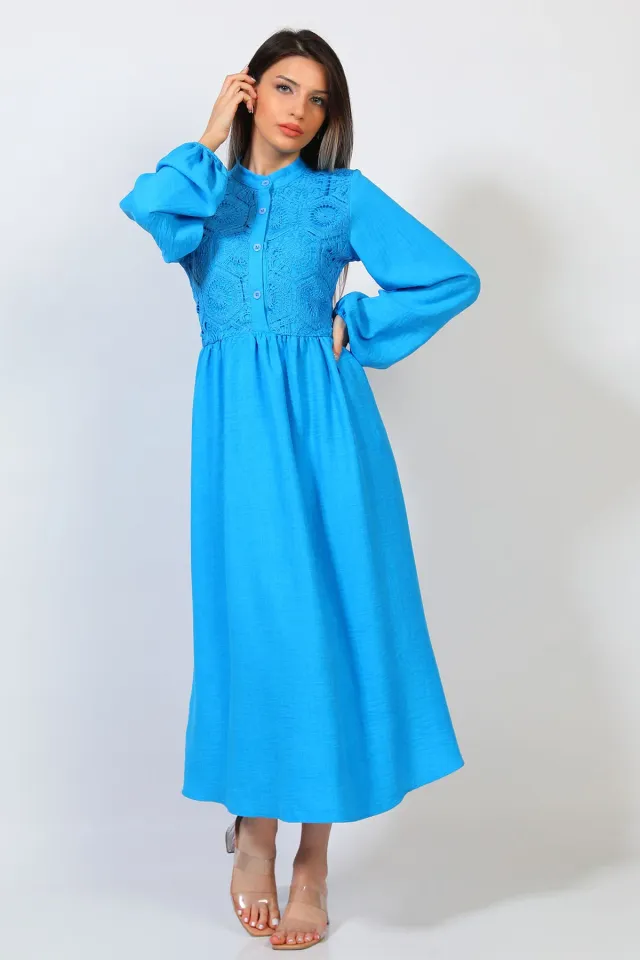 Kadın Ön Düğme Detaylı Güpürlü Elbise Mavi