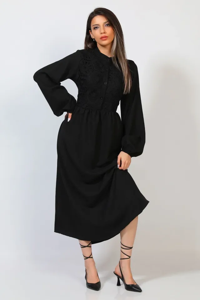 Kadın Ön Düğme Detaylı Güpürlü Elbise Siyah