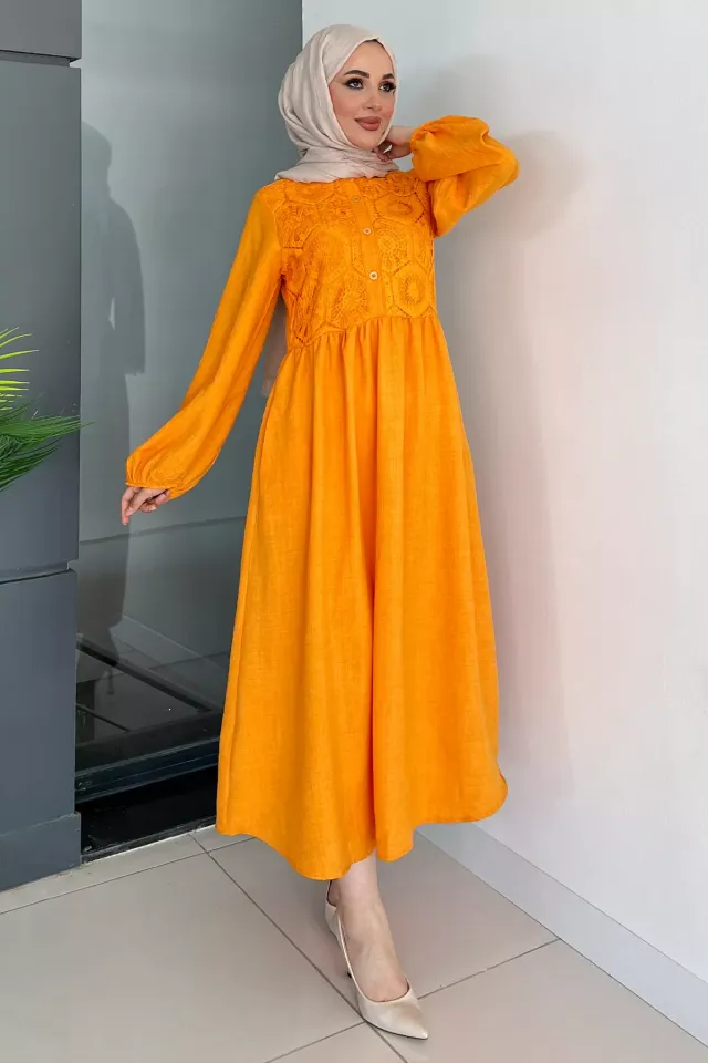 Kadın Ön Düğme Detaylı Güpürlü Elbise Orange