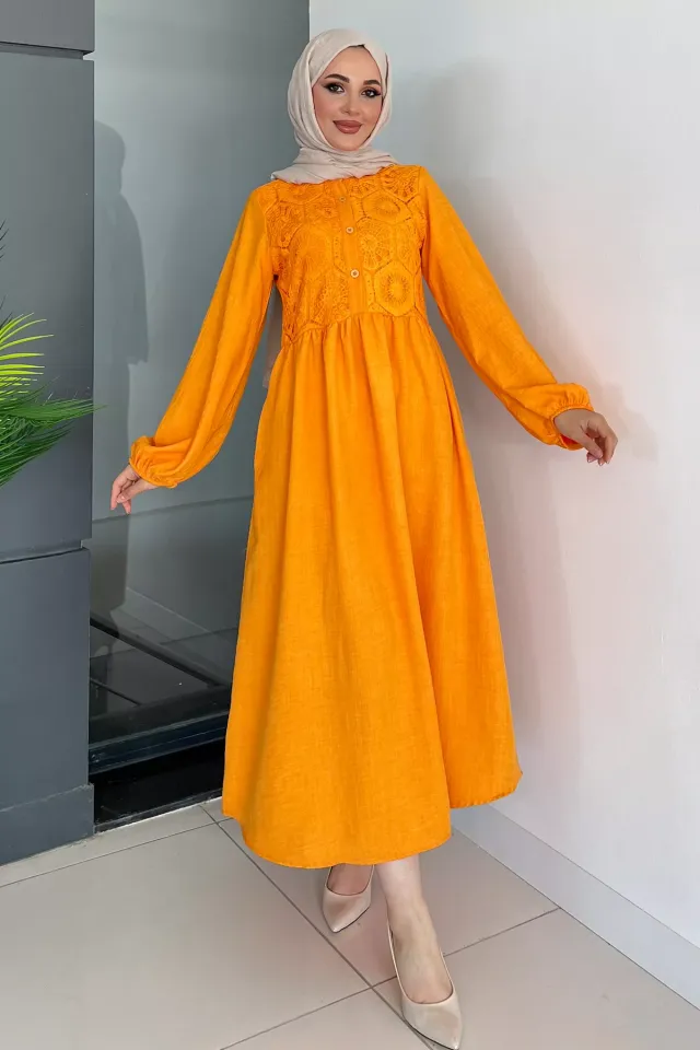 Kadın Ön Düğme Detaylı Güpürlü Elbise Orange