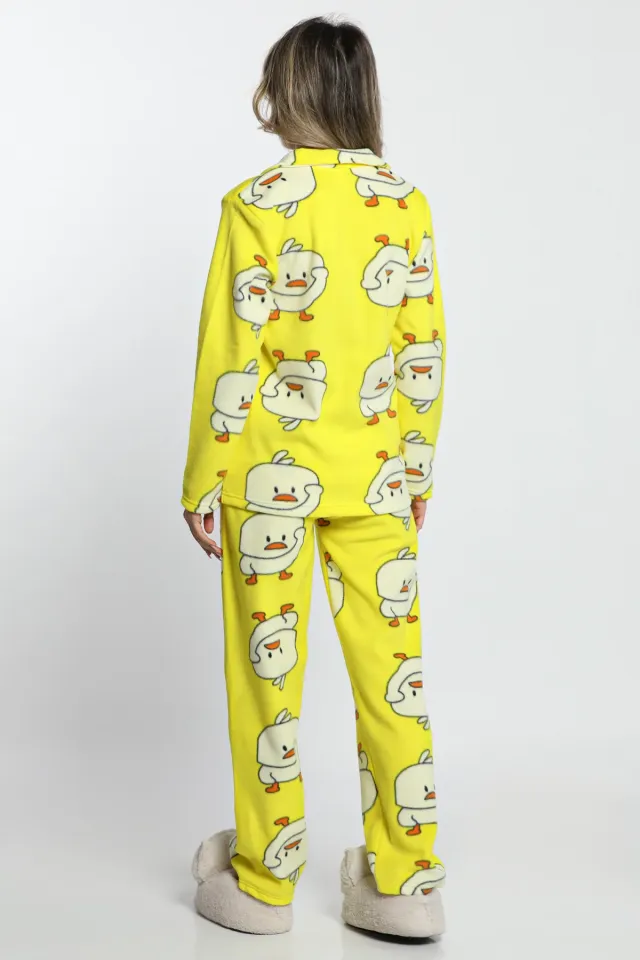 Kadın Ön Düğmeli Civciv Desenli Polar Pijama Takımı Sarı