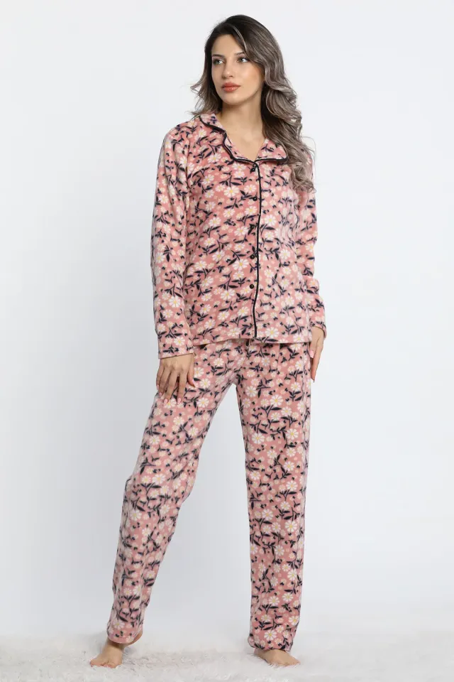 Kadın Ön Düğmeli Desenli Polar Pijama Takımı Gülkurusu