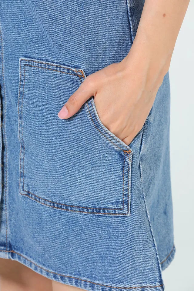 Kadın Ön Düğmeli Jeans Salopet Mavi