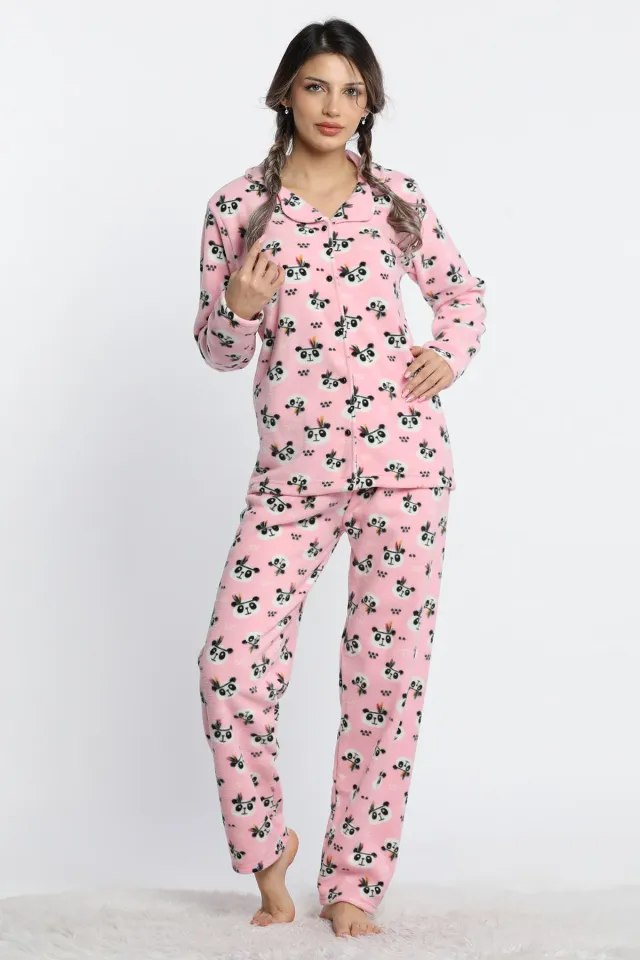 Kadın Ön Düğmeli Panda Desenli Polar Pijama Takımı Pudra