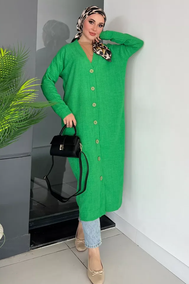 Kadın Ön Düğmeli Uzun Tesettür Hırka Yeşil