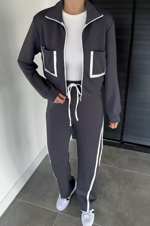 Kadın Ön Fermuarlı Çift Cepli Şerit Desenli Sweat Bel Lastikli Pantolon İkili Takım