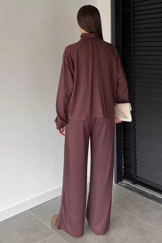 Kadın Ön Fermuarlı Sweat Bel Lastikli Palazzo Pantolon İkili Takım