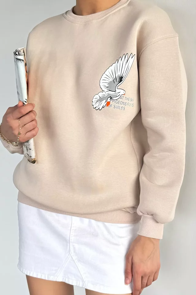 Kadın Ön Ve Sırt Baskılı Bisiklet Yaka Üç İplik Şardonlu Sweatshirt - 2