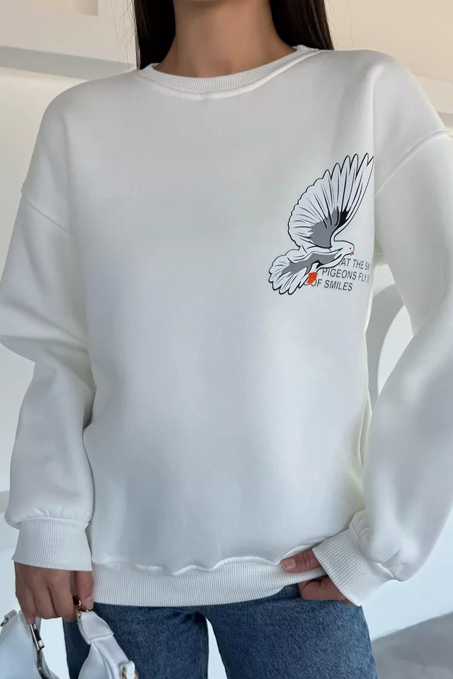 Kadın Ön Ve Sırt Baskılı Bisiklet Yaka Üç İplik Şardonlu Sweatshirt - 1