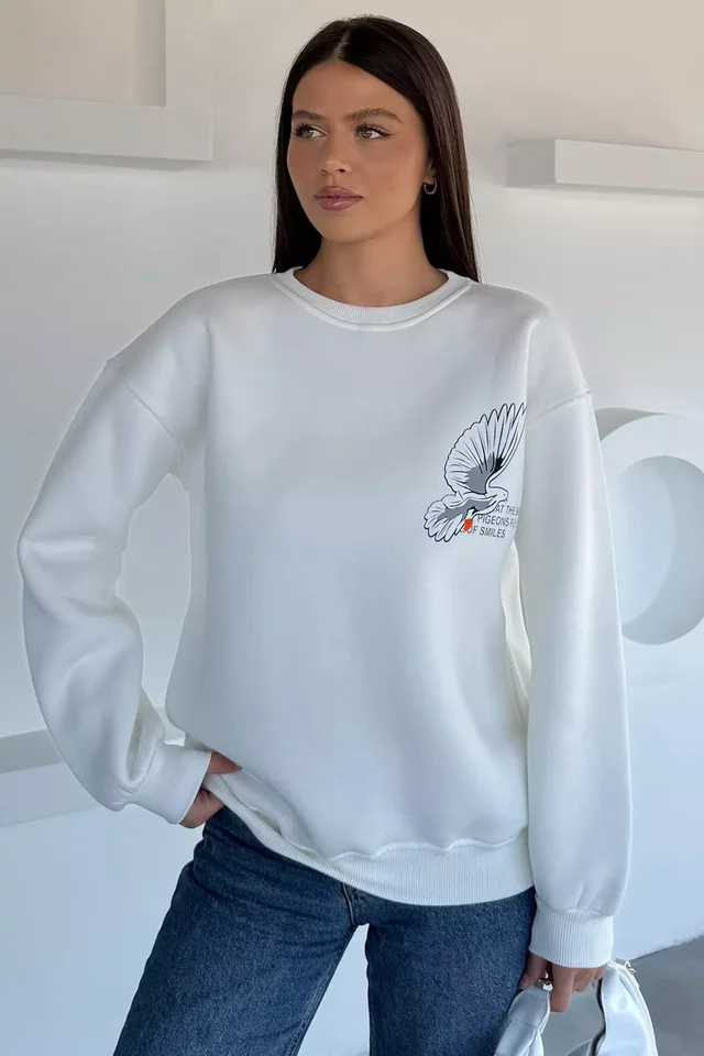Kadın Ön Ve Sırt Baskılı Bisiklet Yaka Üç İplik Şardonlu Sweatshirt - 2