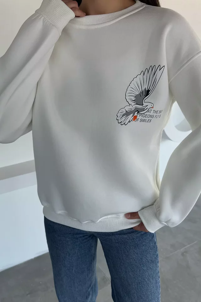 Kadın Ön Ve Sırt Baskılı Bisiklet Yaka Üç İplik Şardonlu Sweatshirt