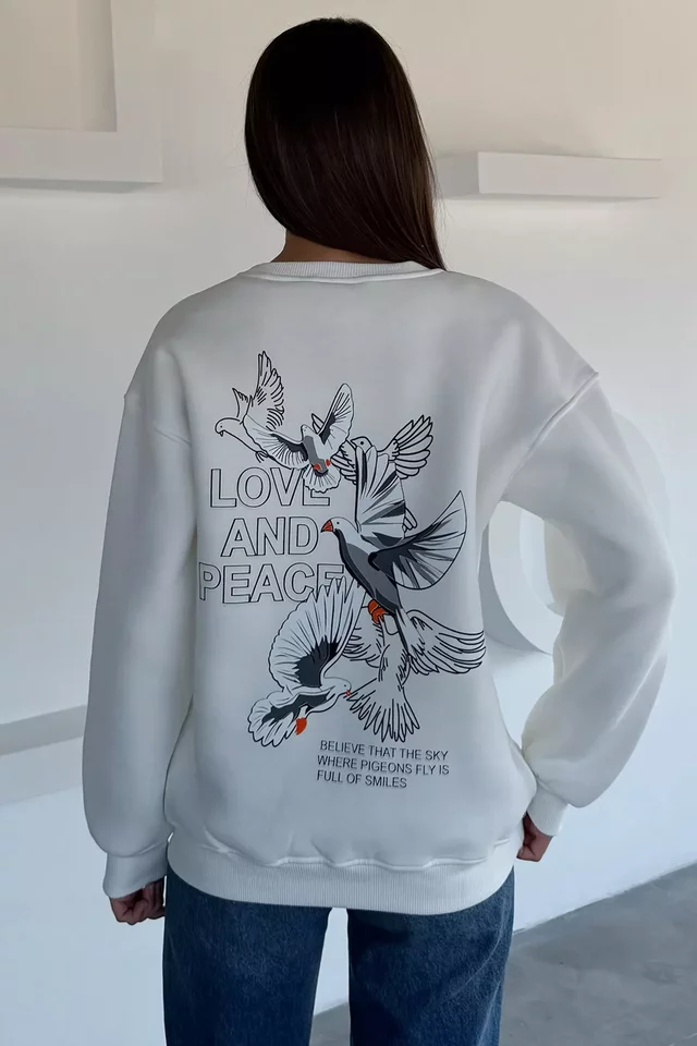 Kadın Ön Ve Sırt Baskılı Bisiklet Yaka Üç İplik Şardonlu Sweatshirt