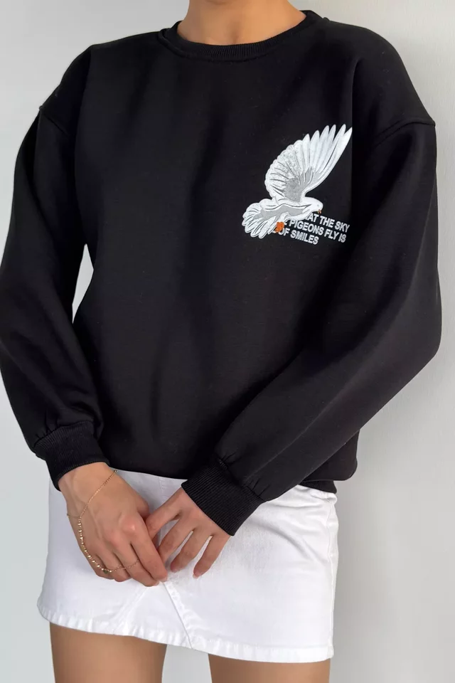 Kadın Ön Ve Sırt Baskılı Bisiklet Yaka Üç İplik Şardonlu Sweatshirt - 2