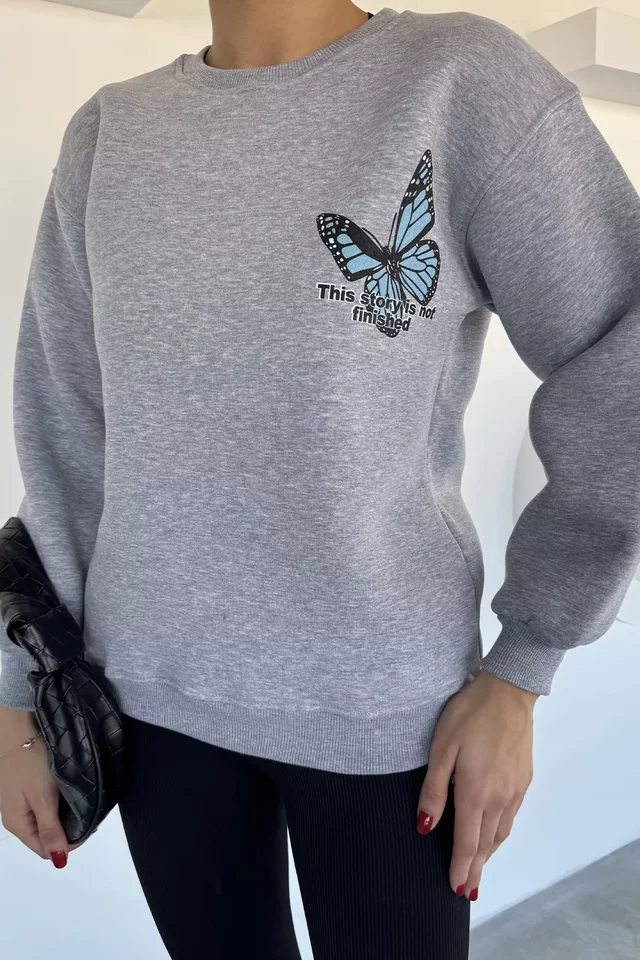 Kadın Ön Ve Sırt Kelebek Baskılı Üç İplik Şardonlu Bisiklet Yaka Sweatshirt - 1