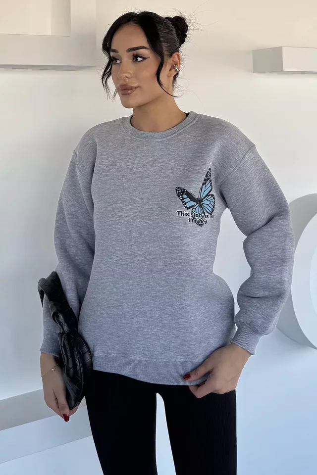 Kadın Ön Ve Sırt Kelebek Baskılı Üç İplik Şardonlu Bisiklet Yaka Sweatshirt - 2