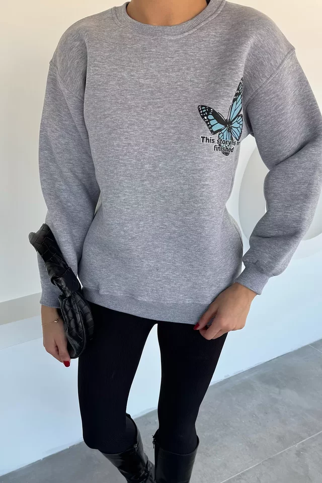Kadın Ön Ve Sırt Kelebek Baskılı Üç İplik Şardonlu Bisiklet Yaka Sweatshirt