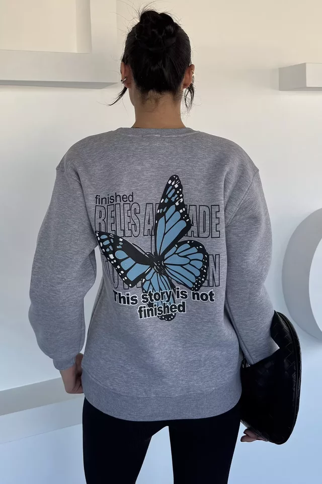 Kadın Ön Ve Sırt Kelebek Baskılı Üç İplik Şardonlu Bisiklet Yaka Sweatshirt