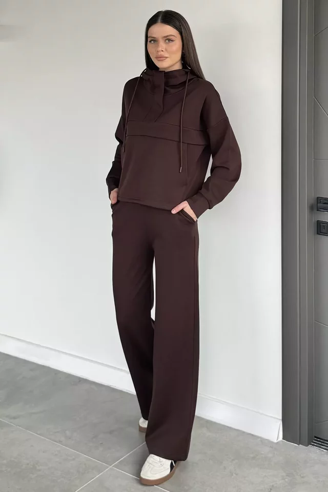 Kadın Ön Yarım Fermuarlı Kapüşonlu Şardonlu Sweat Bel Lastikli Pantolon İkili Takım - 1