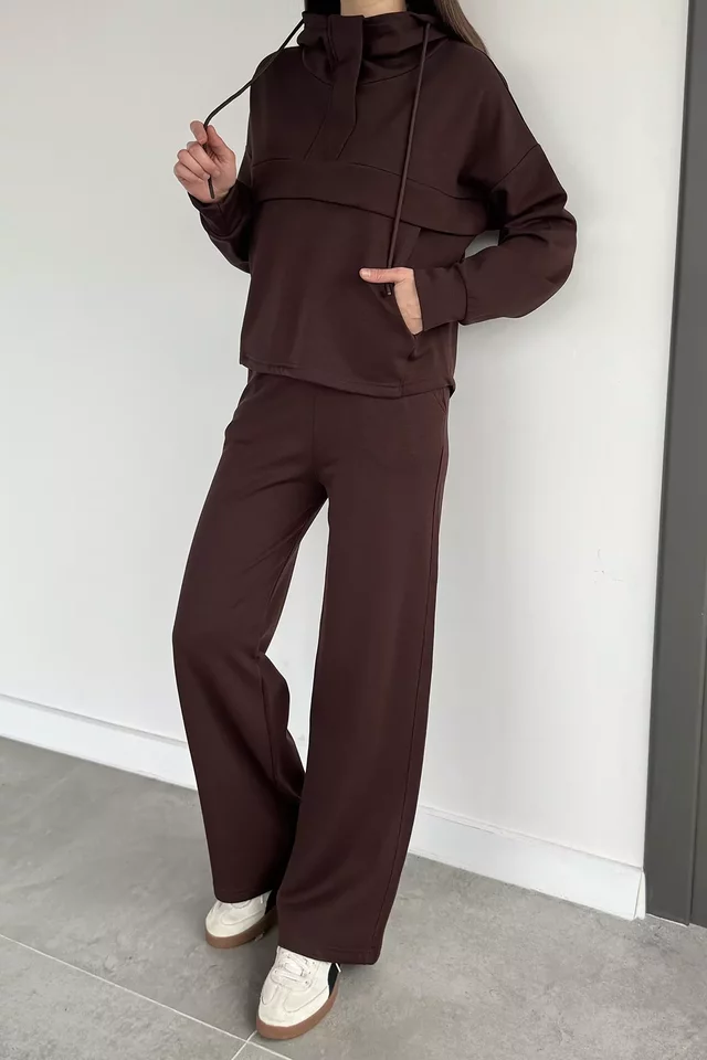 Kadın Ön Yarım Fermuarlı Kapüşonlu Şardonlu Sweat Bel Lastikli Pantolon İkili Takım - 2
