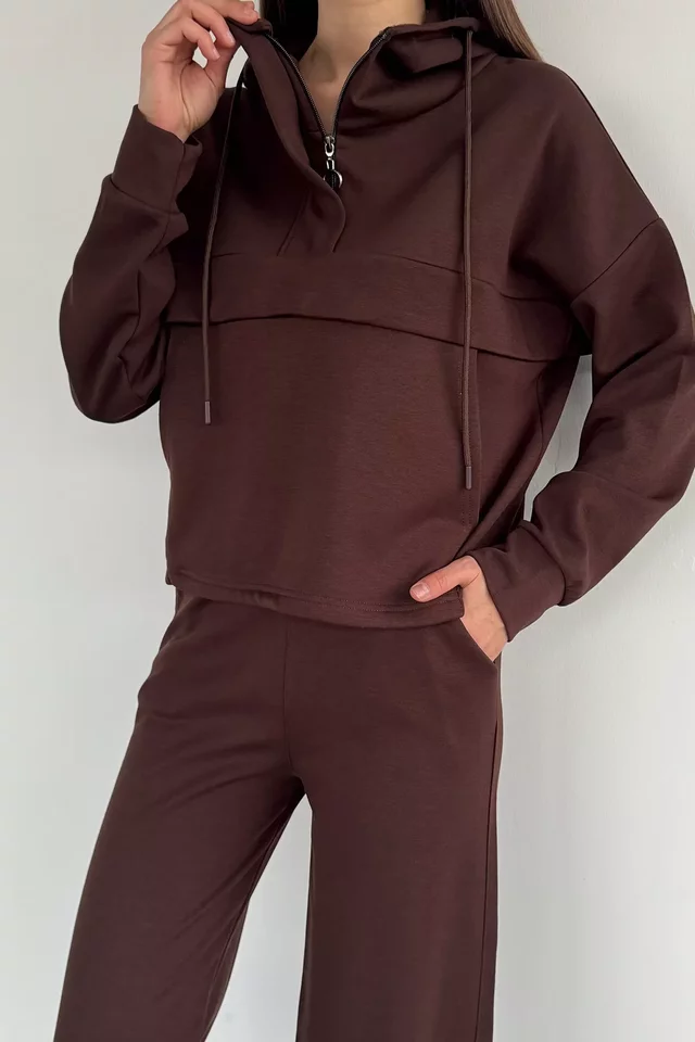 Kadın Ön Yarım Fermuarlı Kapüşonlu Şardonlu Sweat Bel Lastikli Pantolon İkili Takım
