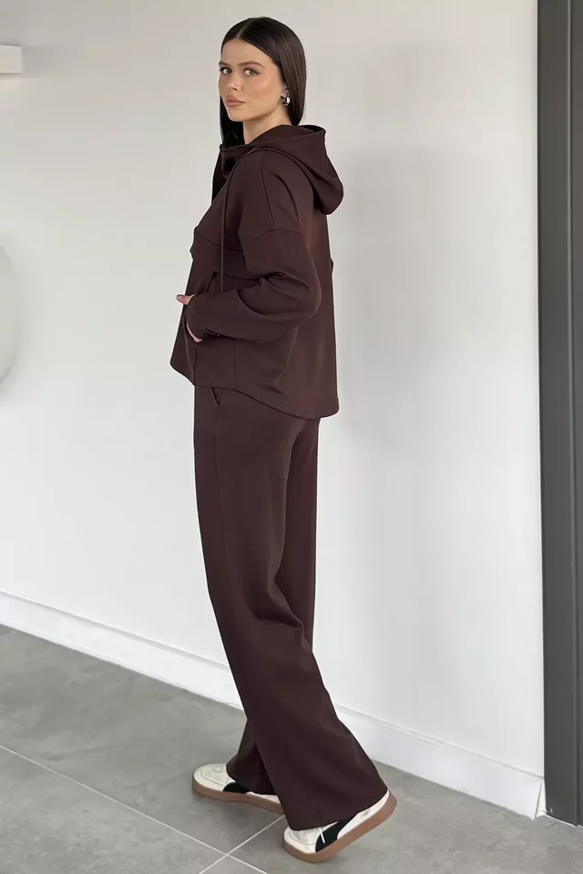 Kadın Ön Yarım Fermuarlı Kapüşonlu Şardonlu Sweat Bel Lastikli Pantolon İkili Takım