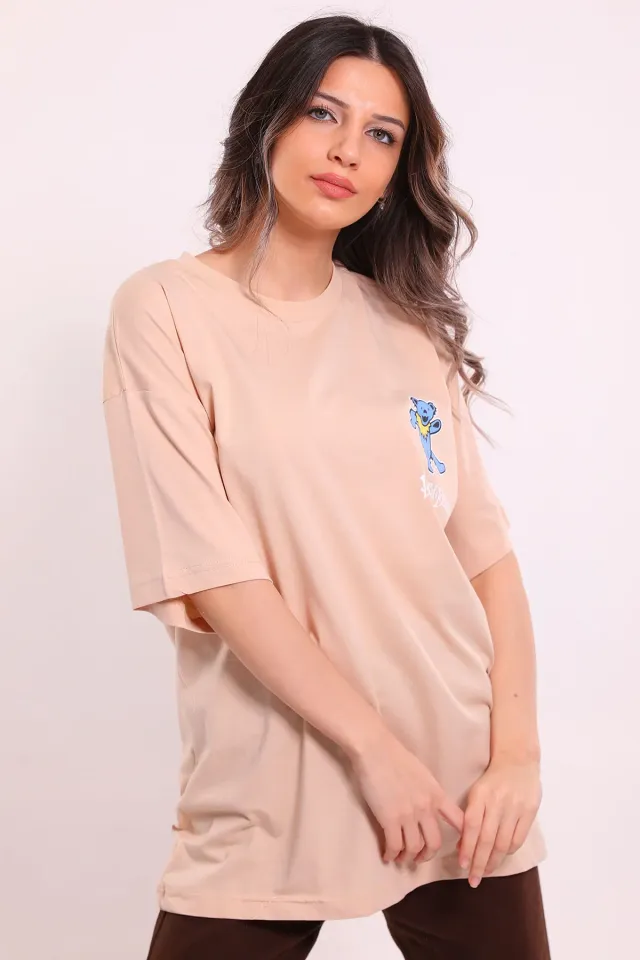 Kadın Oversize Ayıcık Baskılı T-shirt Bej