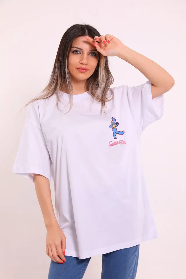 Kadın Oversize Ayıcık Baskılı T-shirt Beyaz