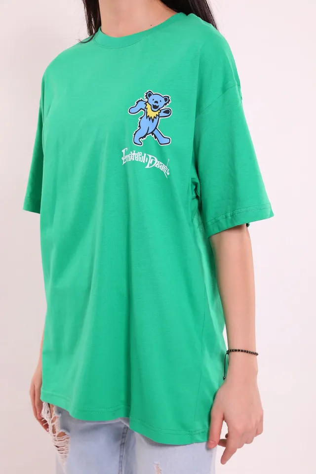 Kadın Oversize Ayıcık Baskılı T-shirt Yeşil