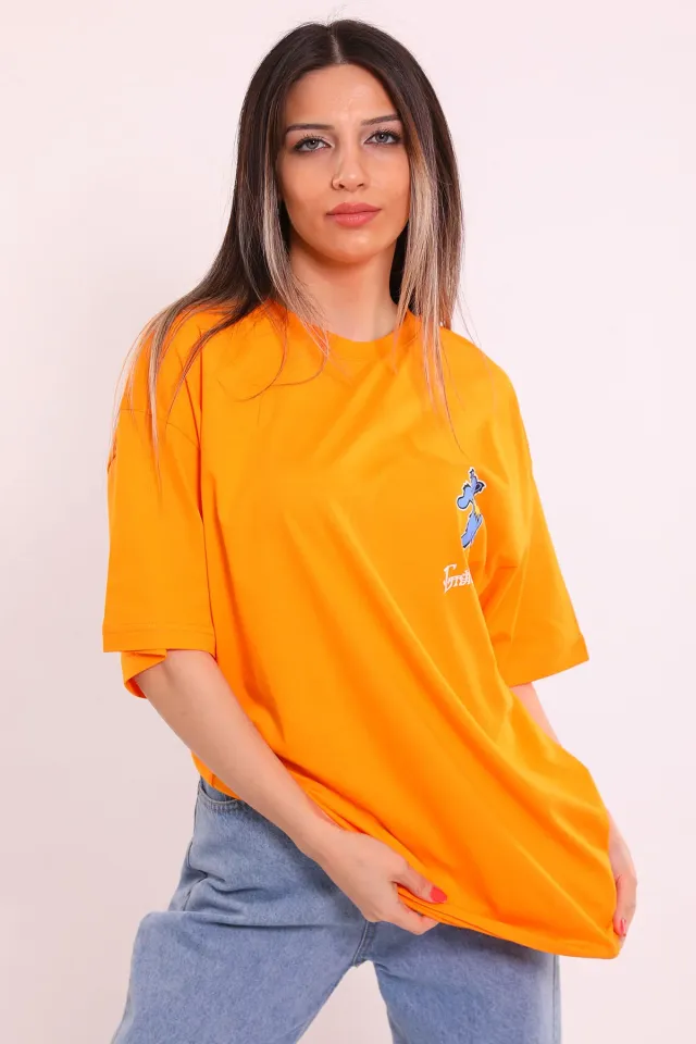 Kadın Oversize Ayıcık Baskılı T-shirt Orange