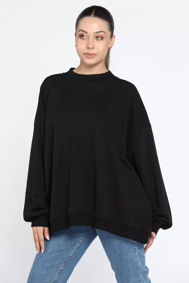 Kadın Oversize Balon Kol Sweatshirt Siyah