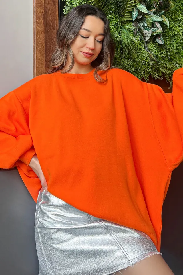 Kadın Oversize Balon Kol Triko Kazak Orange