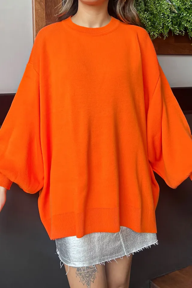 Kadın Oversize Balon Kol Triko Kazak Orange