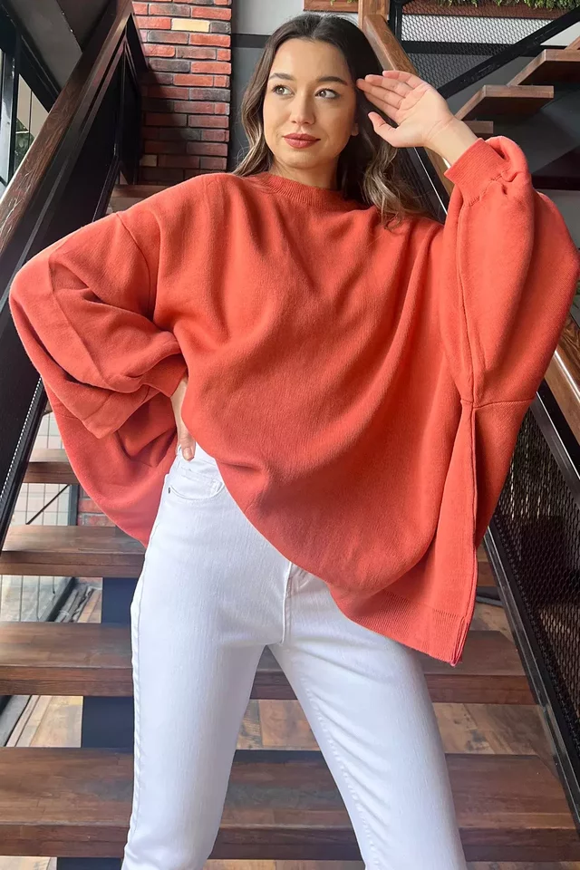 Kadın Oversize Balon Kol Triko Kazak - 2