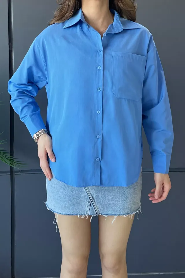 Kadın Oversize Tek Cepli Gömlek Mavi