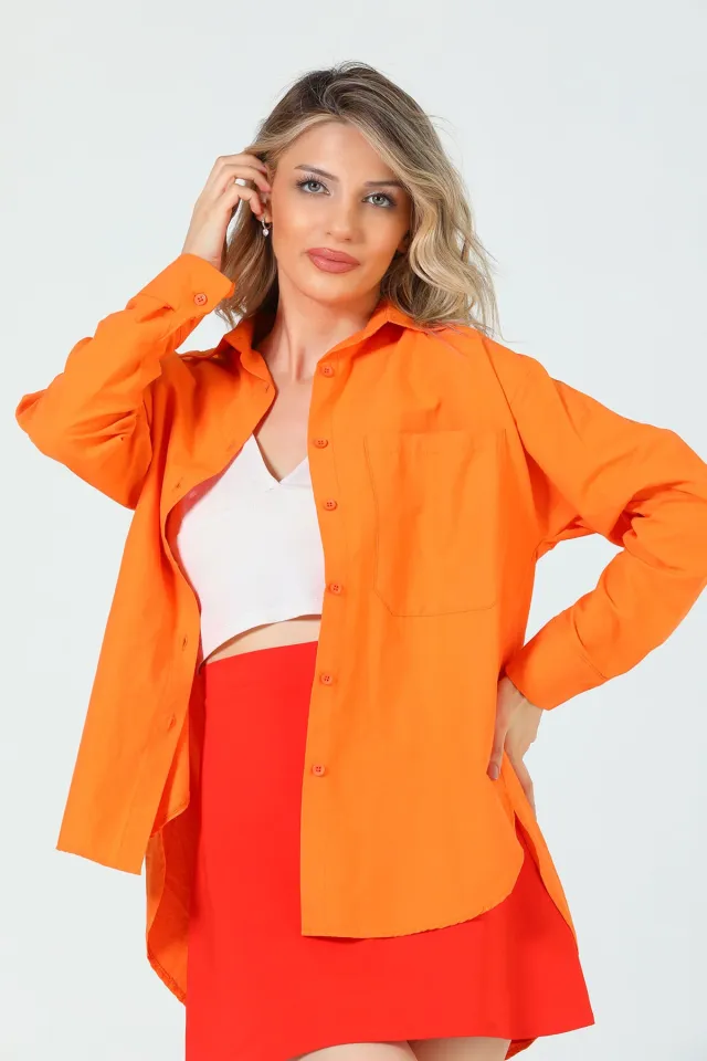 Kadın Oversize Tek Cepli Gömlek Orange