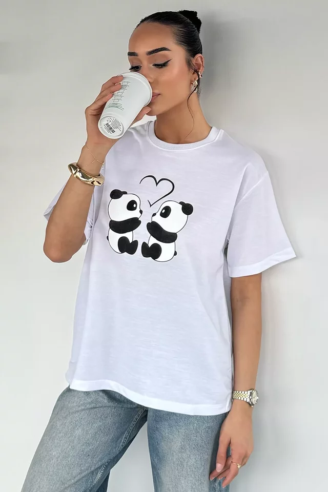 Kadın Panda Baskılı Tişört - 2