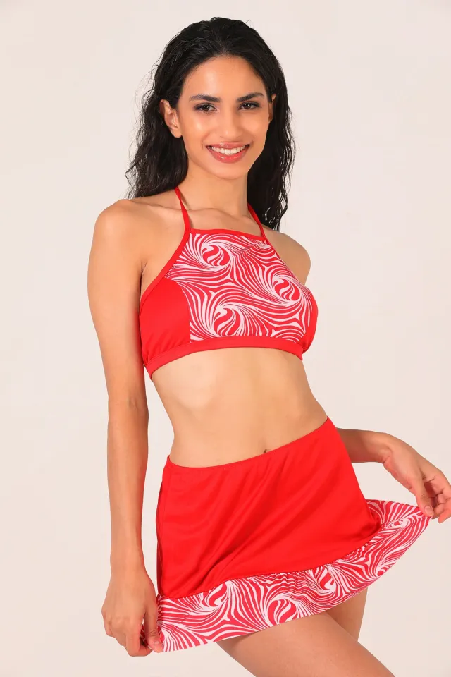 Kadın Pedli Etekli Bikini Takım Kırmızı