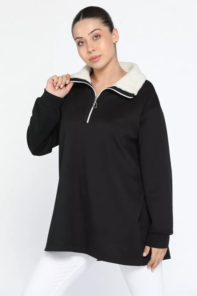 Kadın Peluş Yaka Yarım Fermuarlı Sweatshirt Siyah