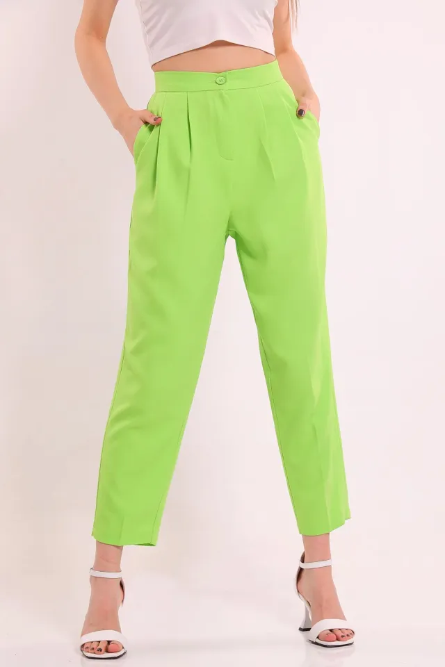 Kadın Pileli Cep Detaylı Kumaş Pantolon Fıstık Yeşili