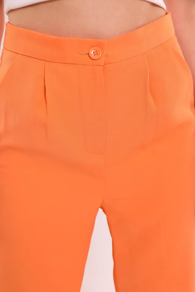 Kadın Pileli Cep Detaylı Kumaş Pantolon Orange