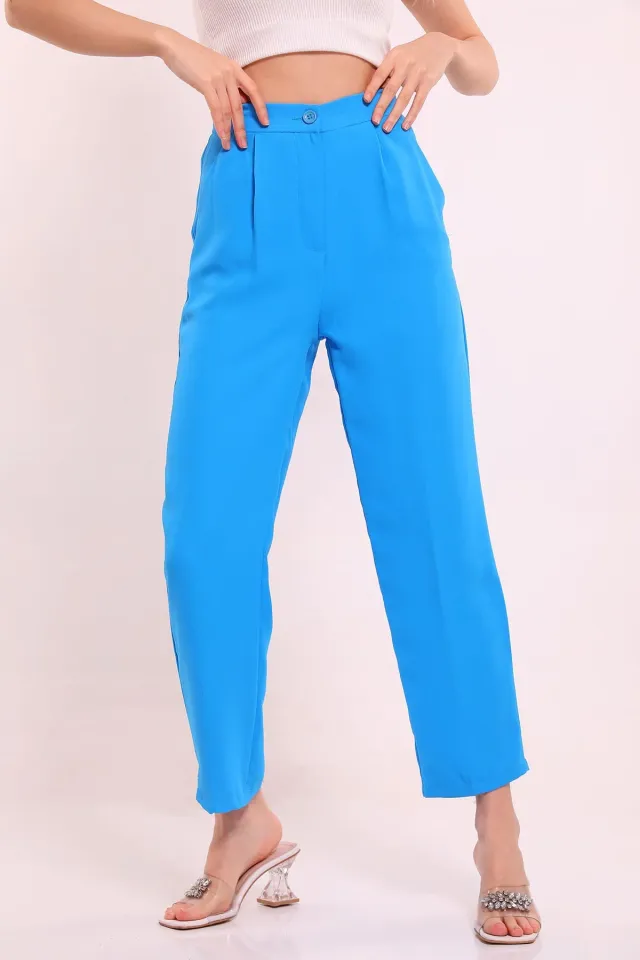 Kadın Pileli Cep Detaylı Kumaş Pantolon Mavi