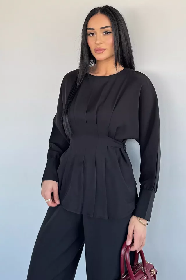 Gülseli Kadın Pileli Kuşaklı Bluz Bel Lastikli Pantolon İkili Takım