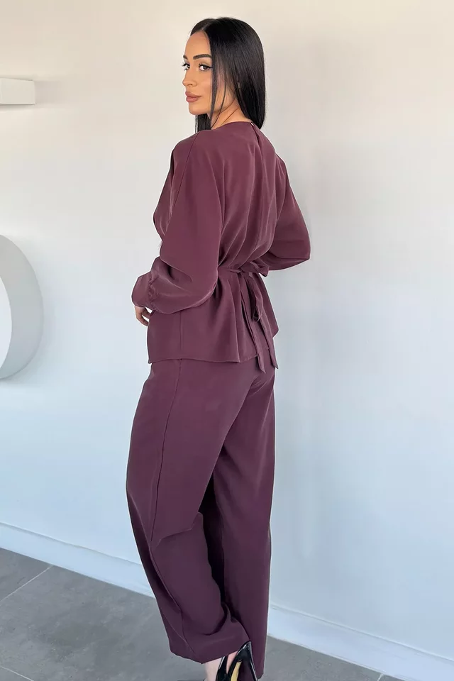 Gülseli Kadın Pileli Kuşaklı Bluz Bel Lastikli Pantolon İkili Takım - 2