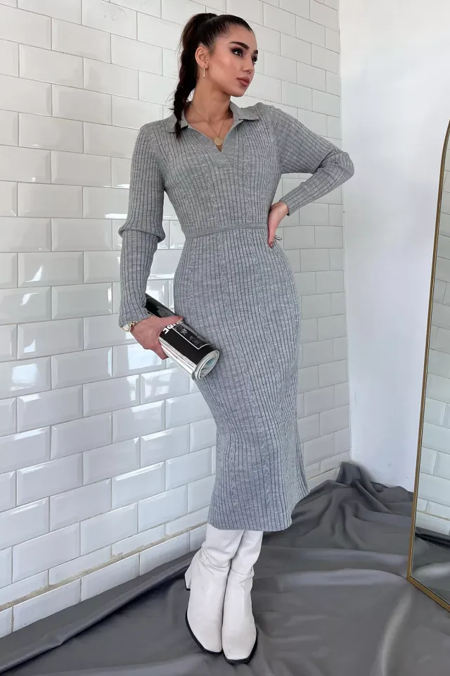 Kadın Polo Yaka Bel Bağlamalı Uzun Triko Elbise Gri